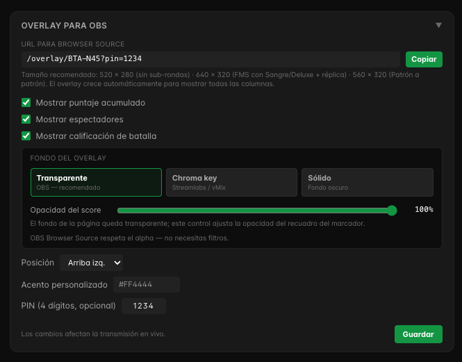 Panel de configuración del overlay: posición, color de acento, fondo (alpha o chroma), opacidad y PIN opcional.