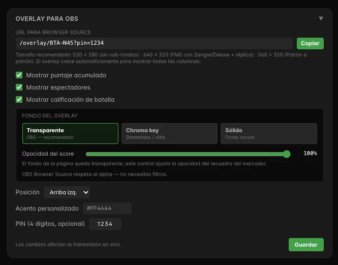 Panel de configuración del overlay: posición, color de acento, fondo (alpha o chroma), opacidad y PIN opcional.