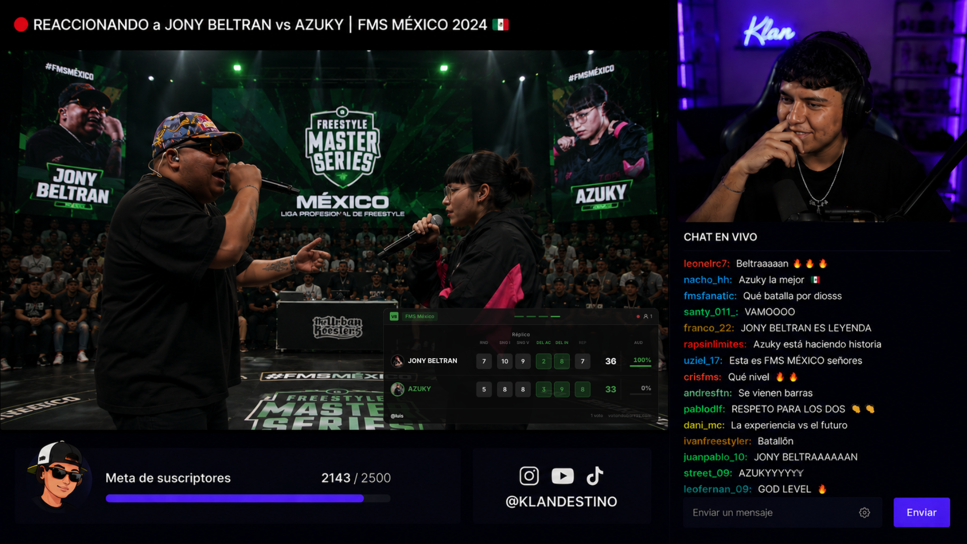 Layout de stream de freestyle con el overlay de Votando Barras anclado bajo la cabina, mostrando las puntuaciones por ronda y el porcentaje de votos de la audiencia.